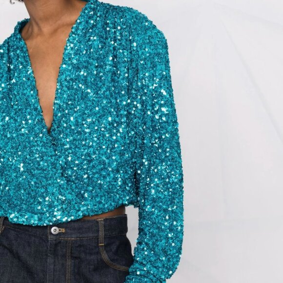 ROTATE BIRGER CHRISTENSEN Aurelia Sequin Embellished blouse 10 Teal Cropped - Picture 2 of 13